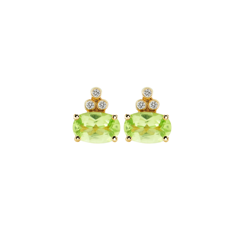 Lime Green Peridot and Diamond Earrings in yellow Gold