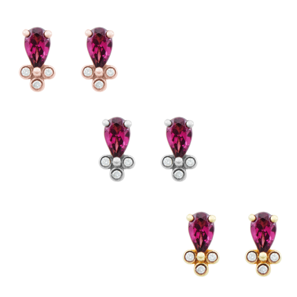 all three options of the Rhodolites and White Diamond Earrings in Solid Gold