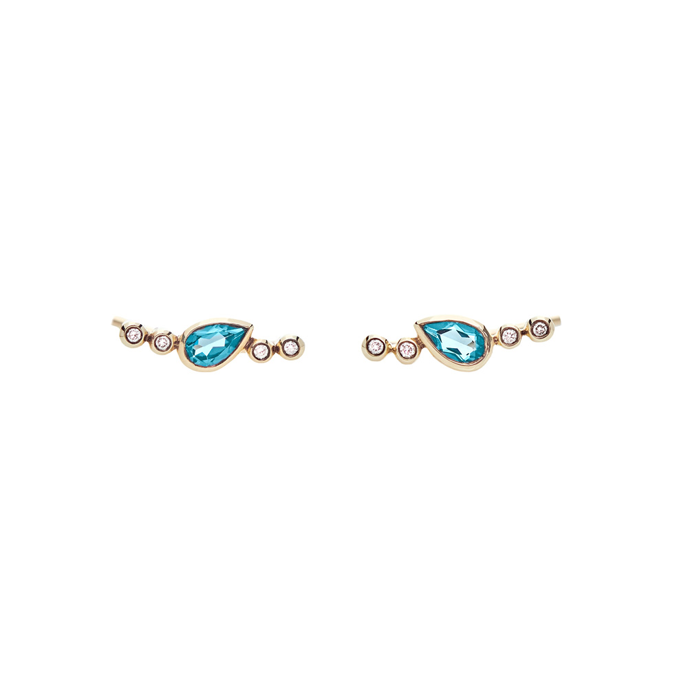Climber Earrings with London Blue Topaz and Diamonds in yellow gold