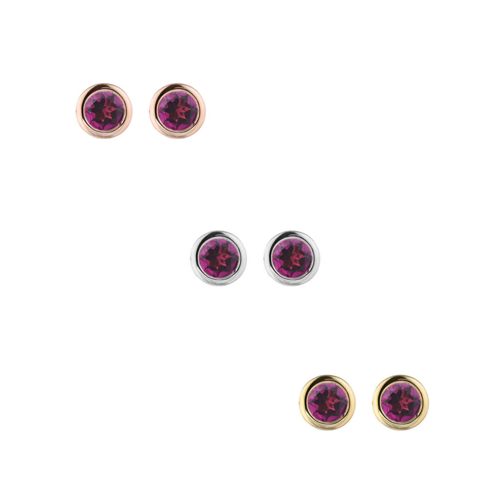 all three options of the Tiny Round Rhodolite Earrings in Solid Gold
