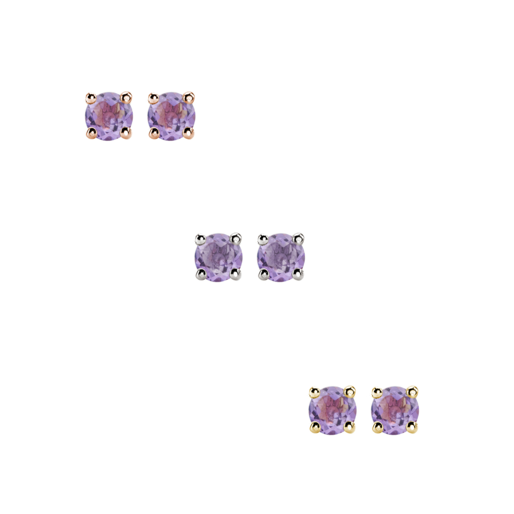 all three options of the Tiny Amethyst Stud Earrings in Solid Gold