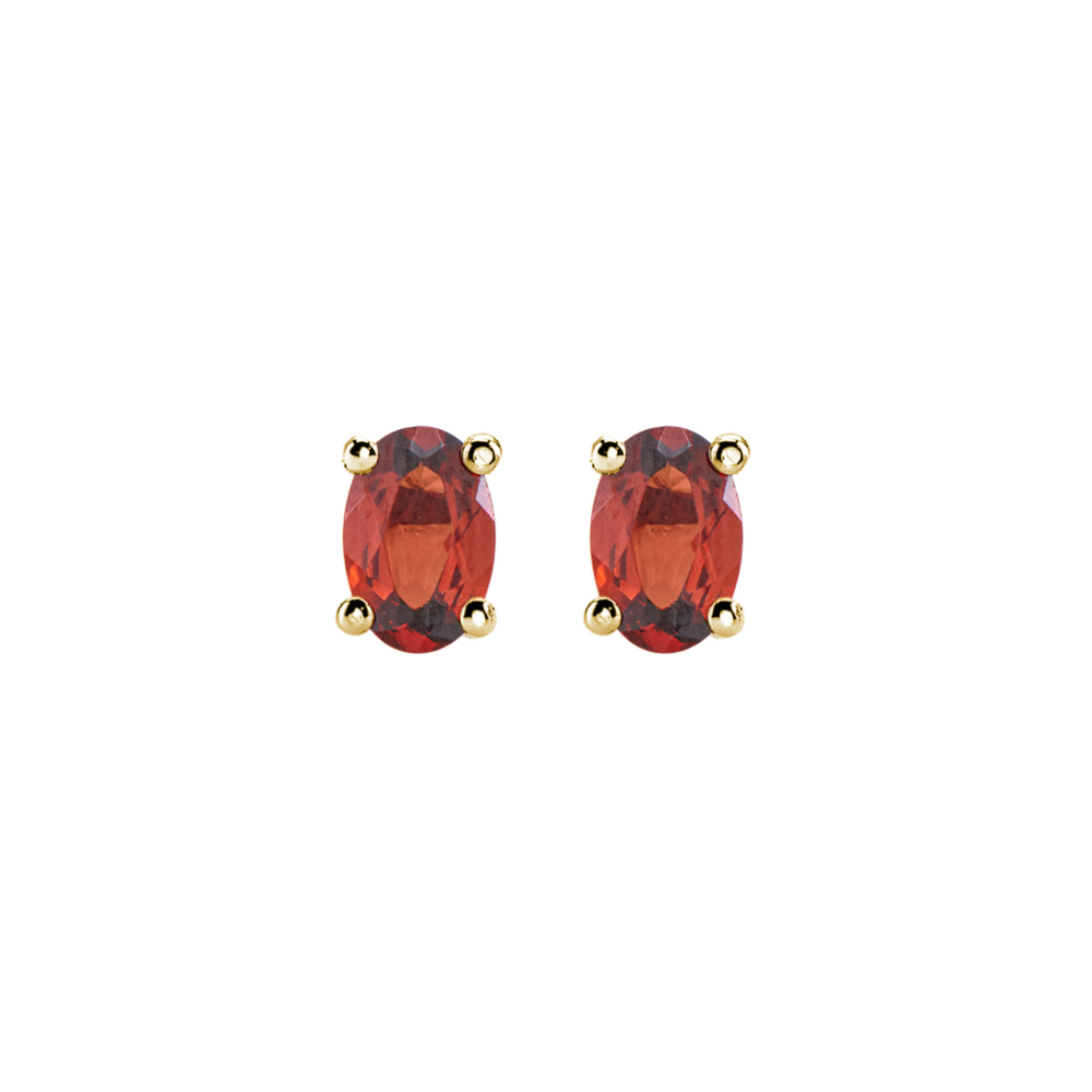 Small Oval Garnet Stud Earrings in yellow Gold on a white background