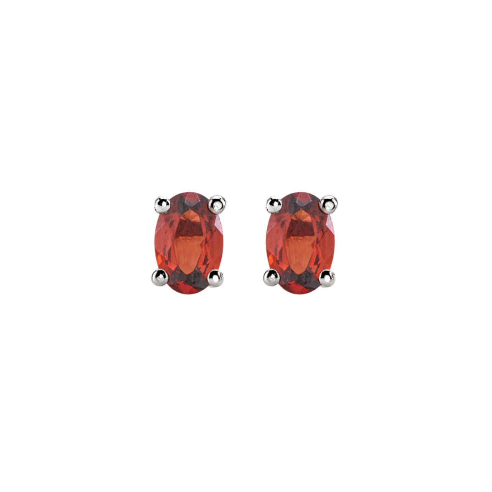 Small Oval Garnet Stud Earrings in white Gold on a white background