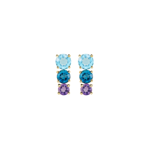 Amethyst, London and Swiss Blue Topaz Earrings in yellow gold on a white background
