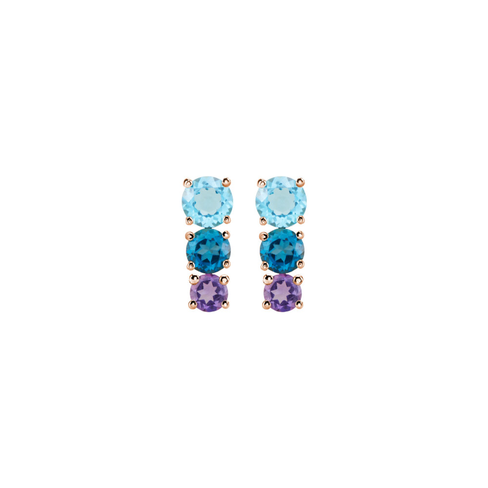 Amethyst, London and Swiss Blue Topaz Earrings in rose gold on a white background