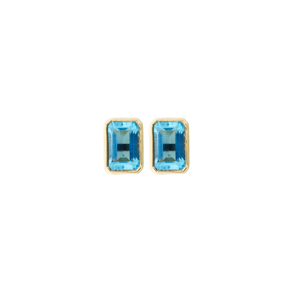 Swiss Blue Topaz Earrings in Yellow Gold on white background