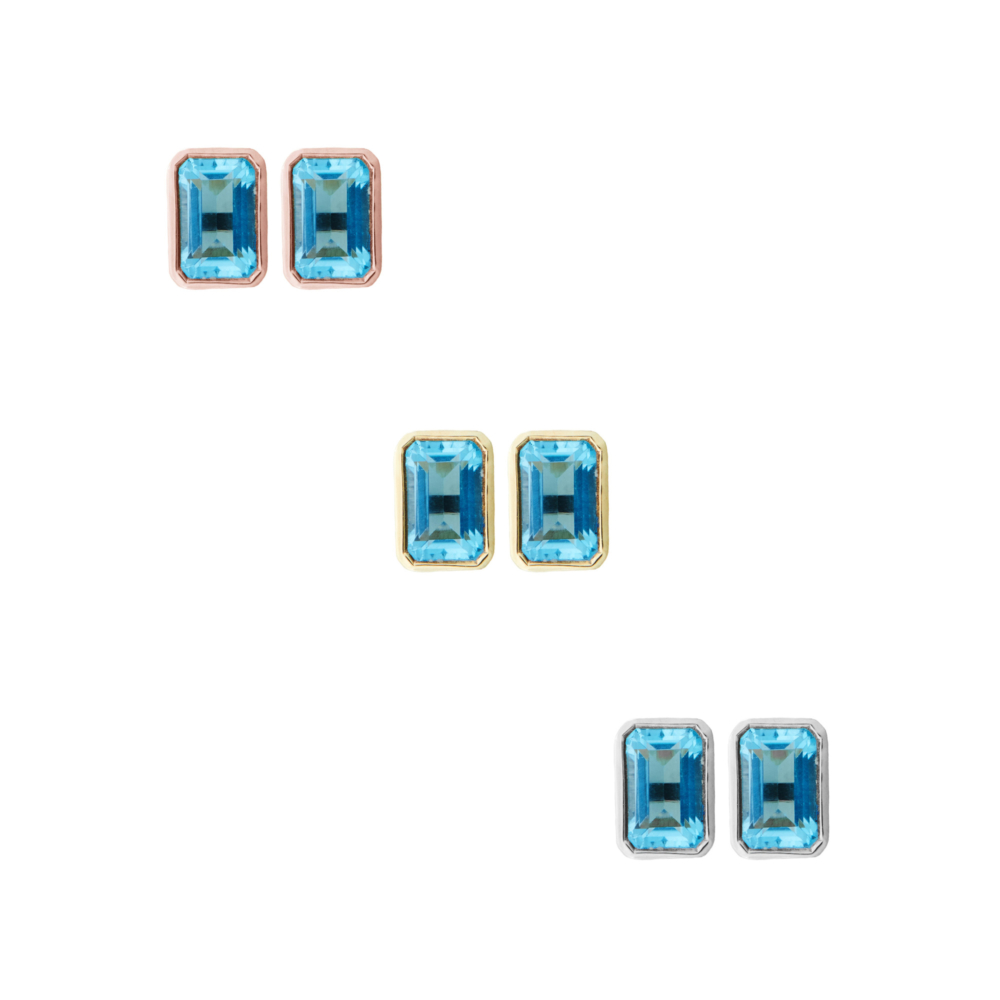 all three options of the Swiss Blue Topaz Earrings in Solid Gold Setting on white background