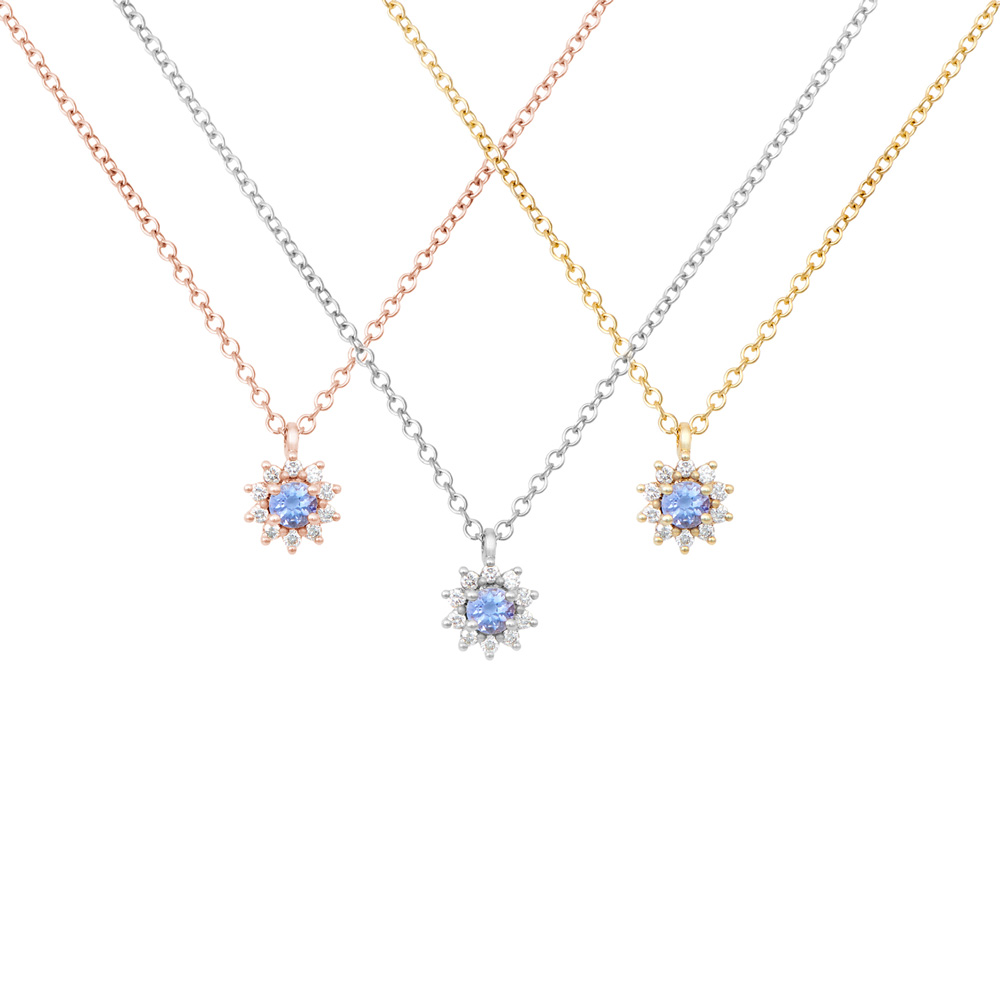all three options of the tanzanite pendant with tiny white diamonds in solid gold
