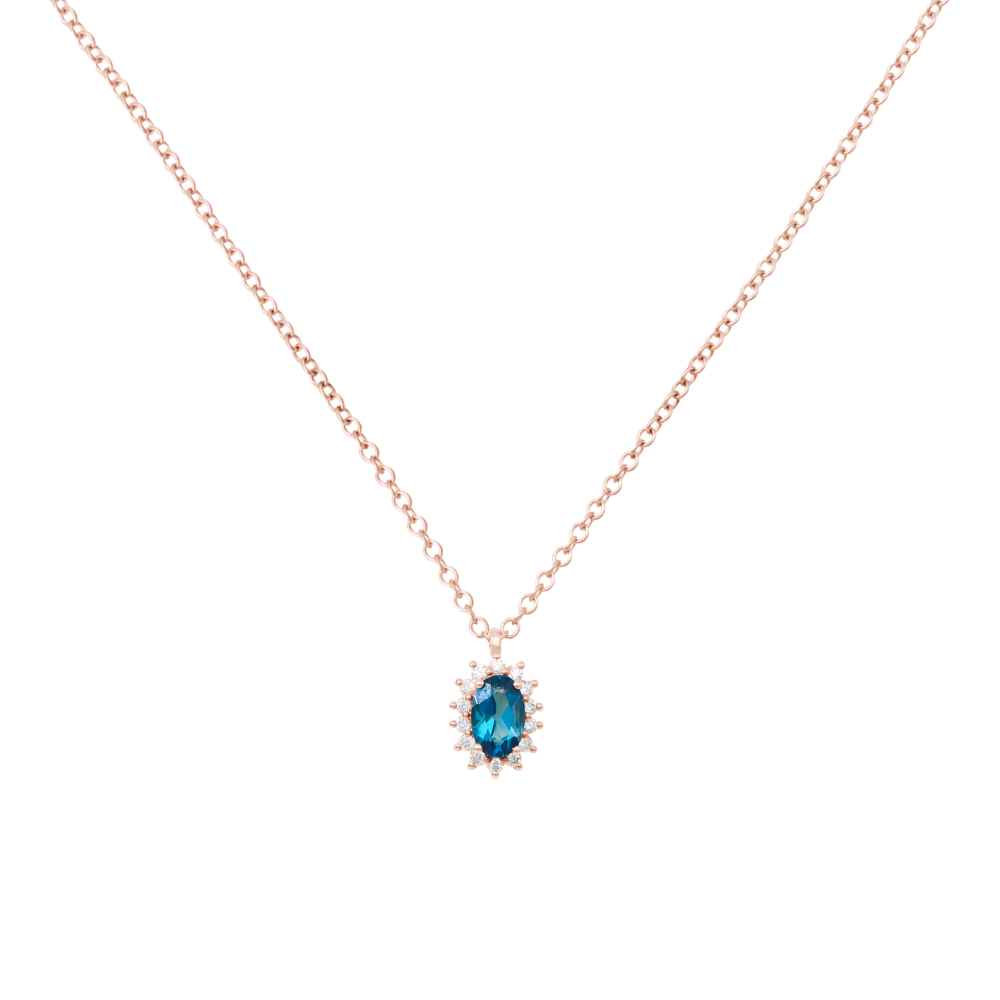 oval London blue topaz with diamonds necklace in rose gold