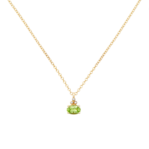 Oval Peridot Pendant with Tiny Diamonds in yellow Gold