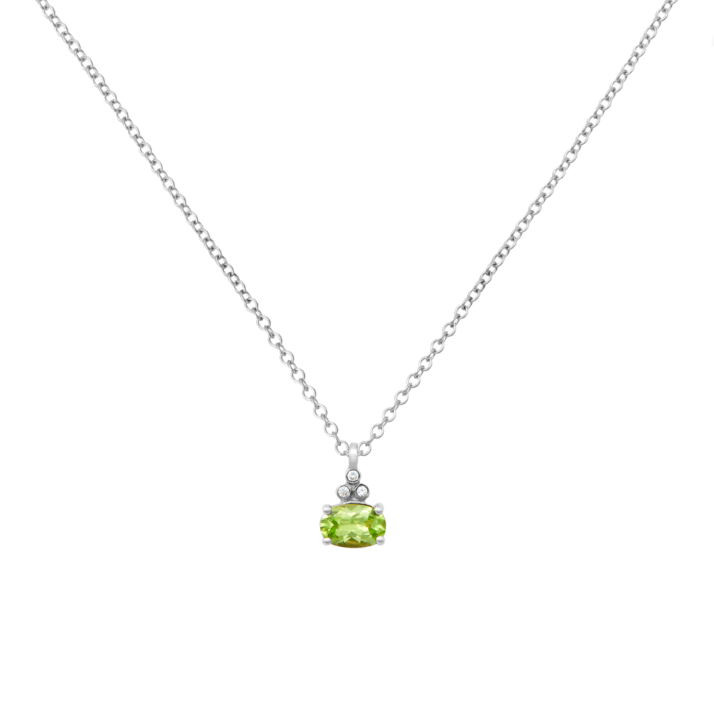 Oval Peridot Pendant with Tiny Diamonds in white Gold