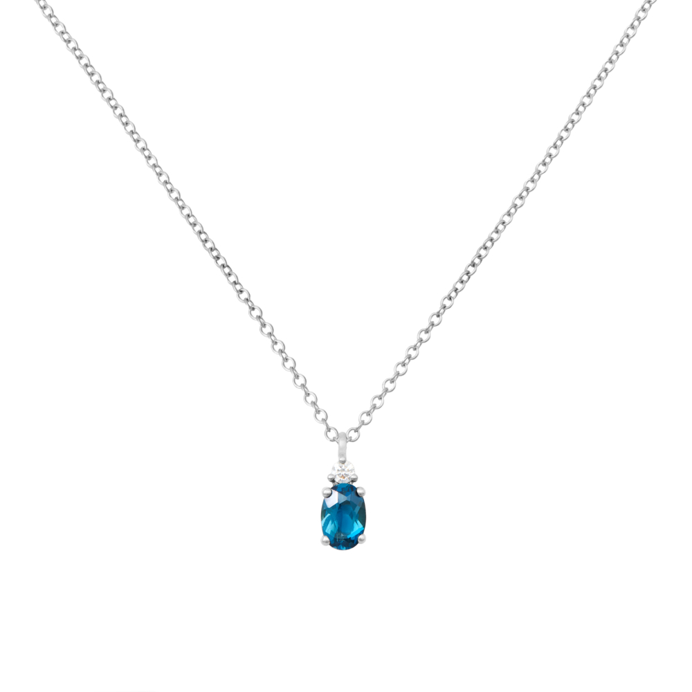 Oval London Blue Topaz Necklace with a White Diamond in white gold