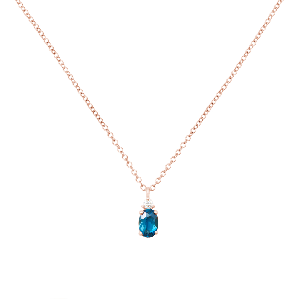 Oval London Blue Topaz Necklace with a White Diamond in rose gold