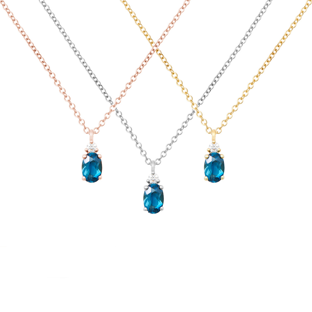 all three options of the Oval London Blue Topaz Necklace with a White Diamond