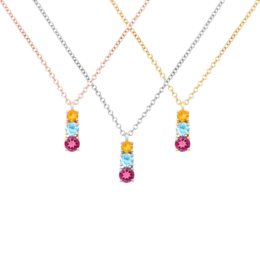 All three options of the three stone pendant with citrine, swiss blue topaz, and rhodolite garnet in solid gold