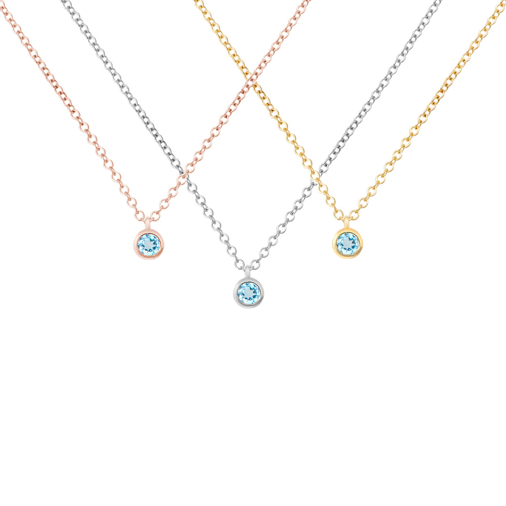 All three options of the swiss blue topaz solitaire necklace in solid gold