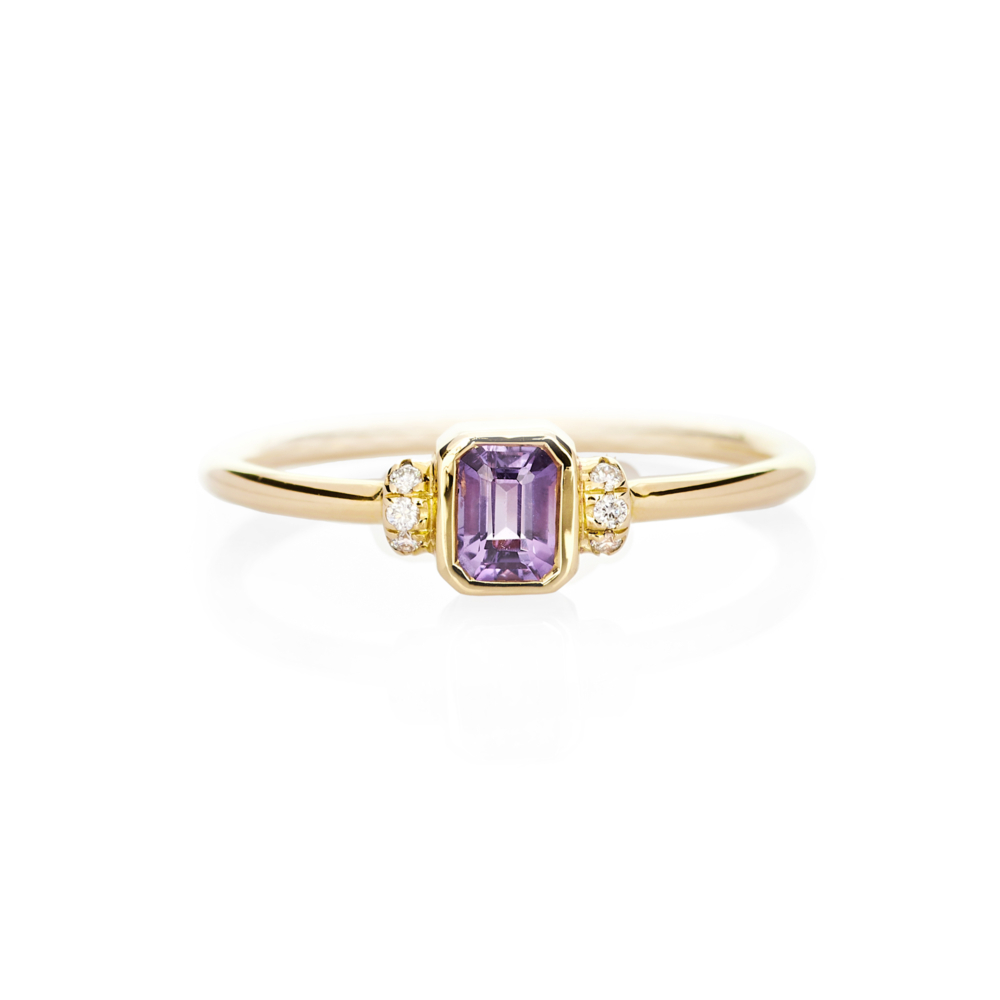 yellow gold ring with amethyst and tiny diamonds