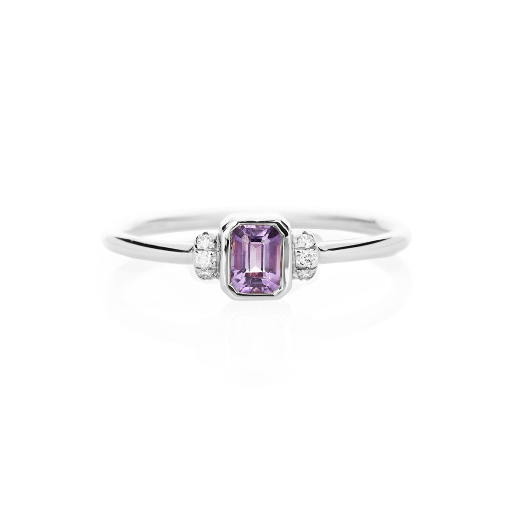 white gold ring with amethyst and tiny diamonds