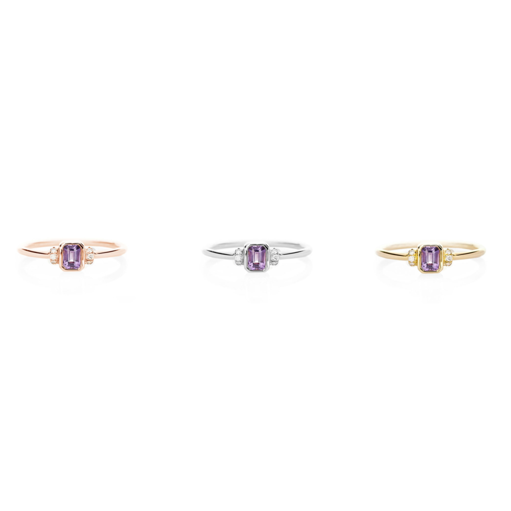 all three options of the gold ring with amethyst and tiny diamonds