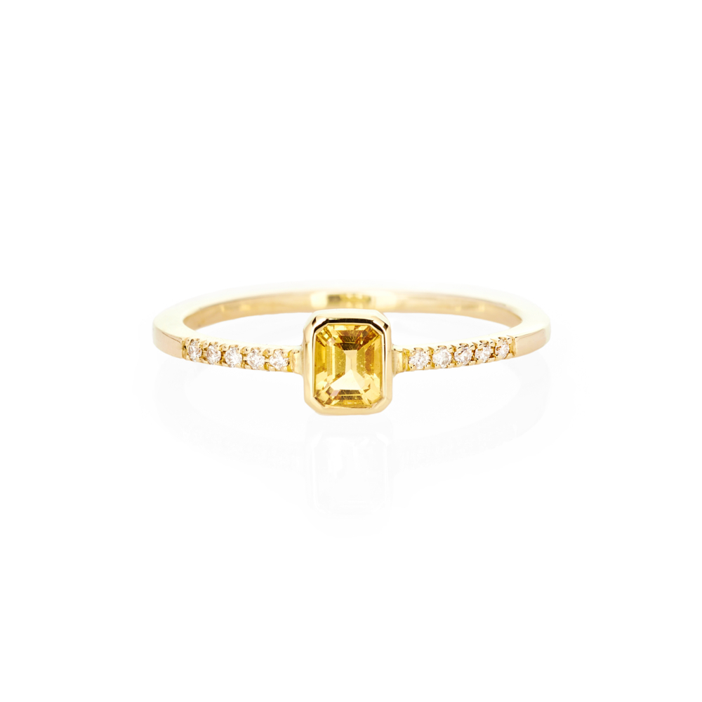 octagonal citrine with tiny white diamonds in yellow gold