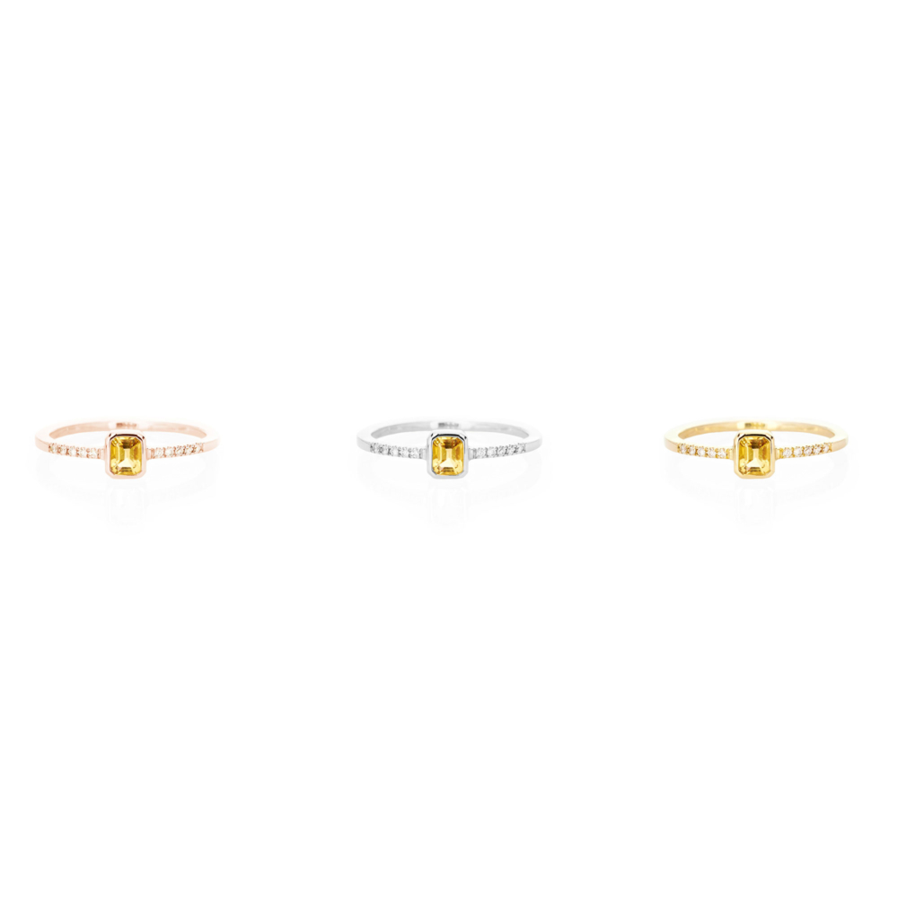 all three options of the octagonal citrine with tiny white diamonds in solid gold