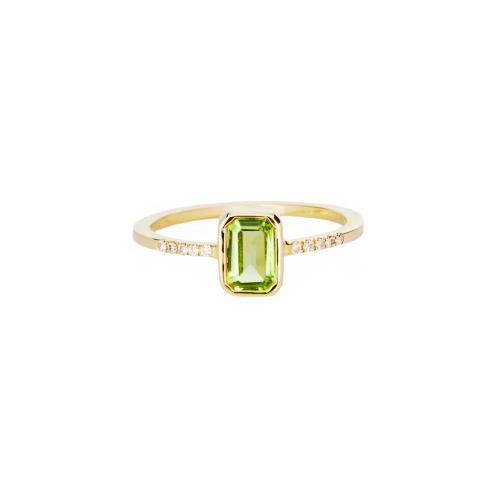 yellow gold ring with a peridot and tiny diamonds