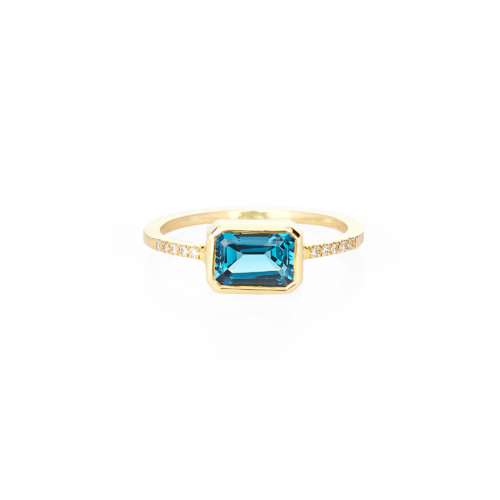 yellow gold ring with London blue topaz and white diamonds