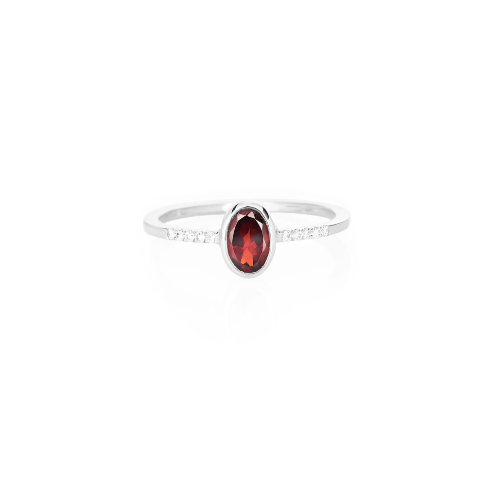 oval garnet with tiny white diamonds ring in white gold