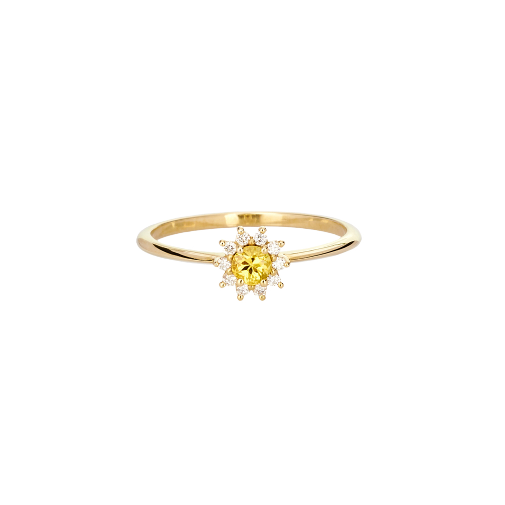 yellow sapphire ring with tiny diamonds in yellow gold