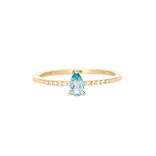 yellow gold ring with swiss blue topaz and tiny white diamonds