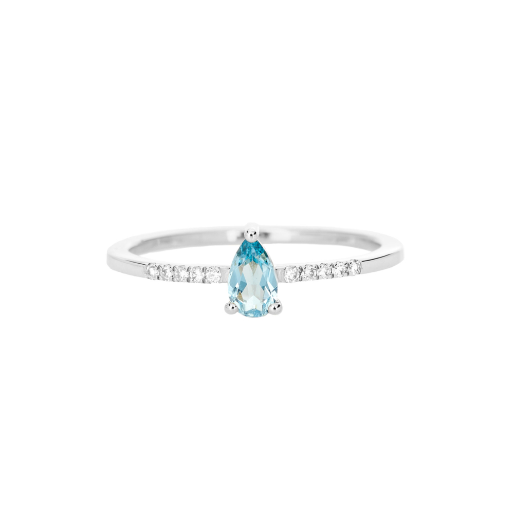 white gold ring with swiss blue topaz and tiny white diamonds