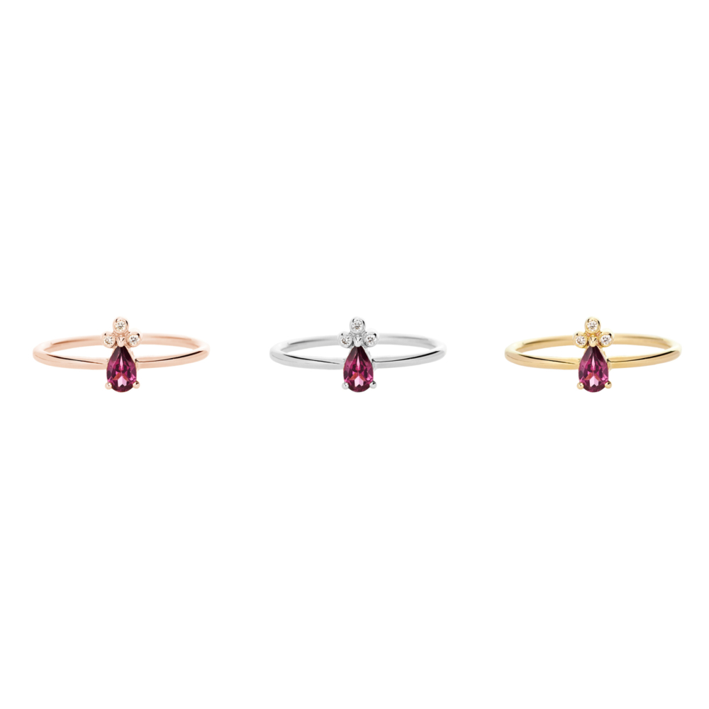 all three options of the rhodolite garnet and white diamonds ring in solid gold