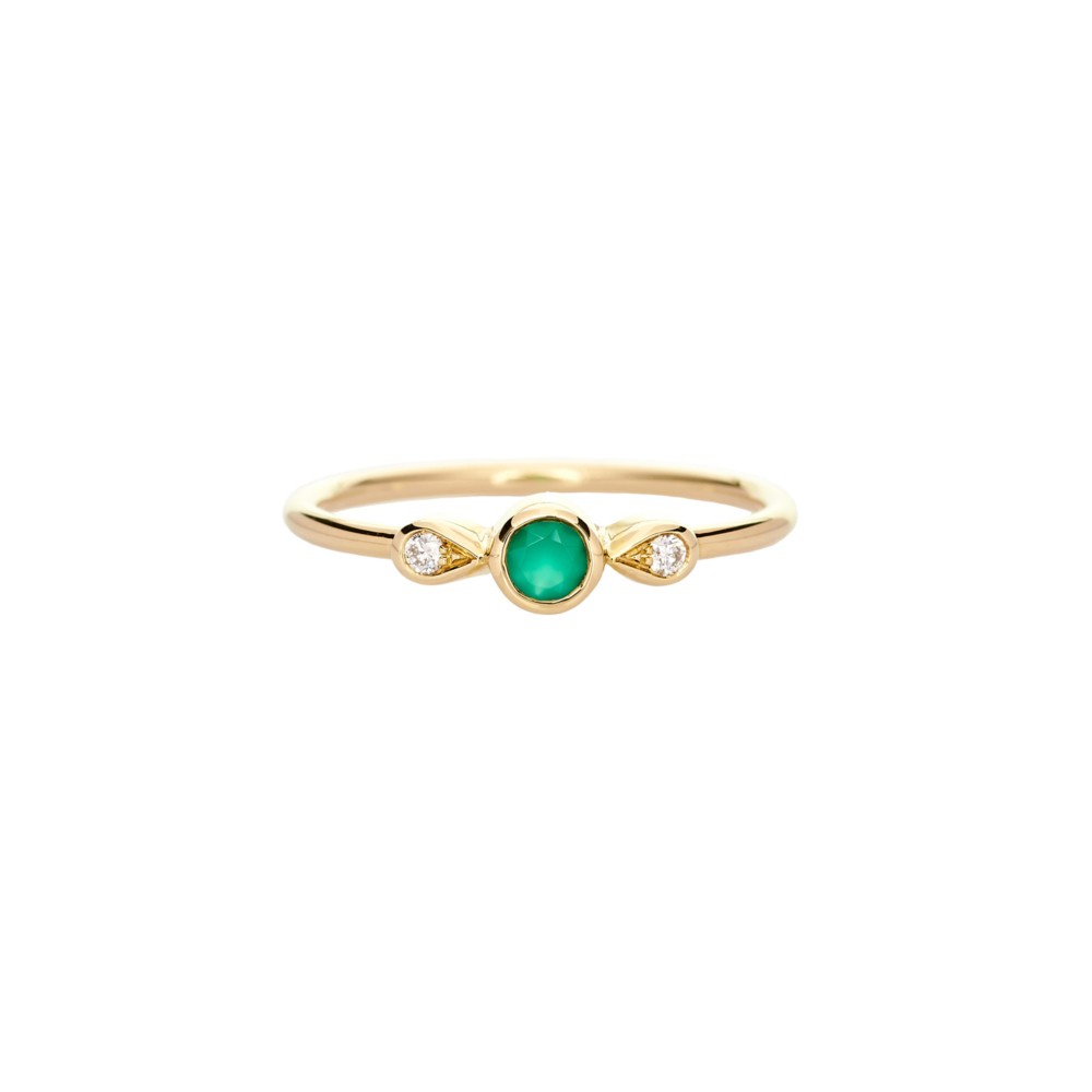green agate ring with white diamonds in yellow gold