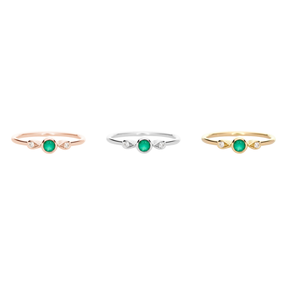 all three options of the green agate ring with white diamonds in solid gold