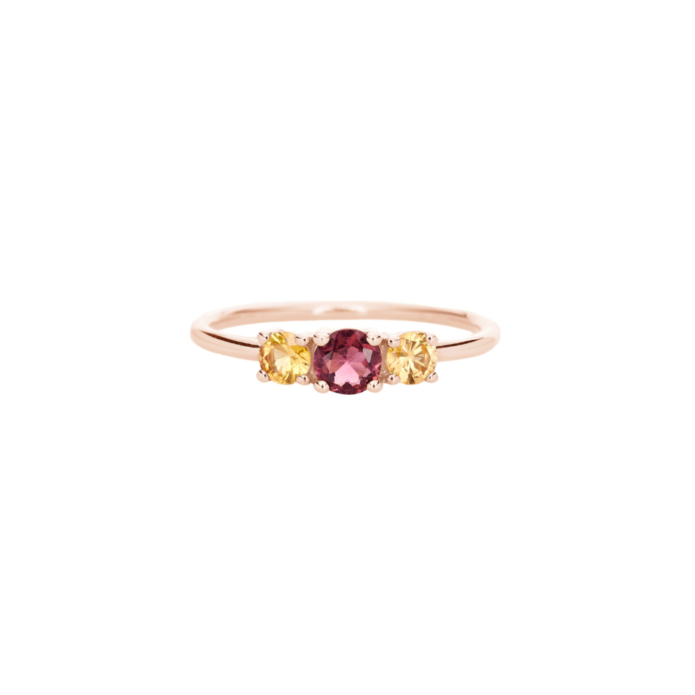 Rose gold ring with rubellite tourmaline and mandarin garnets