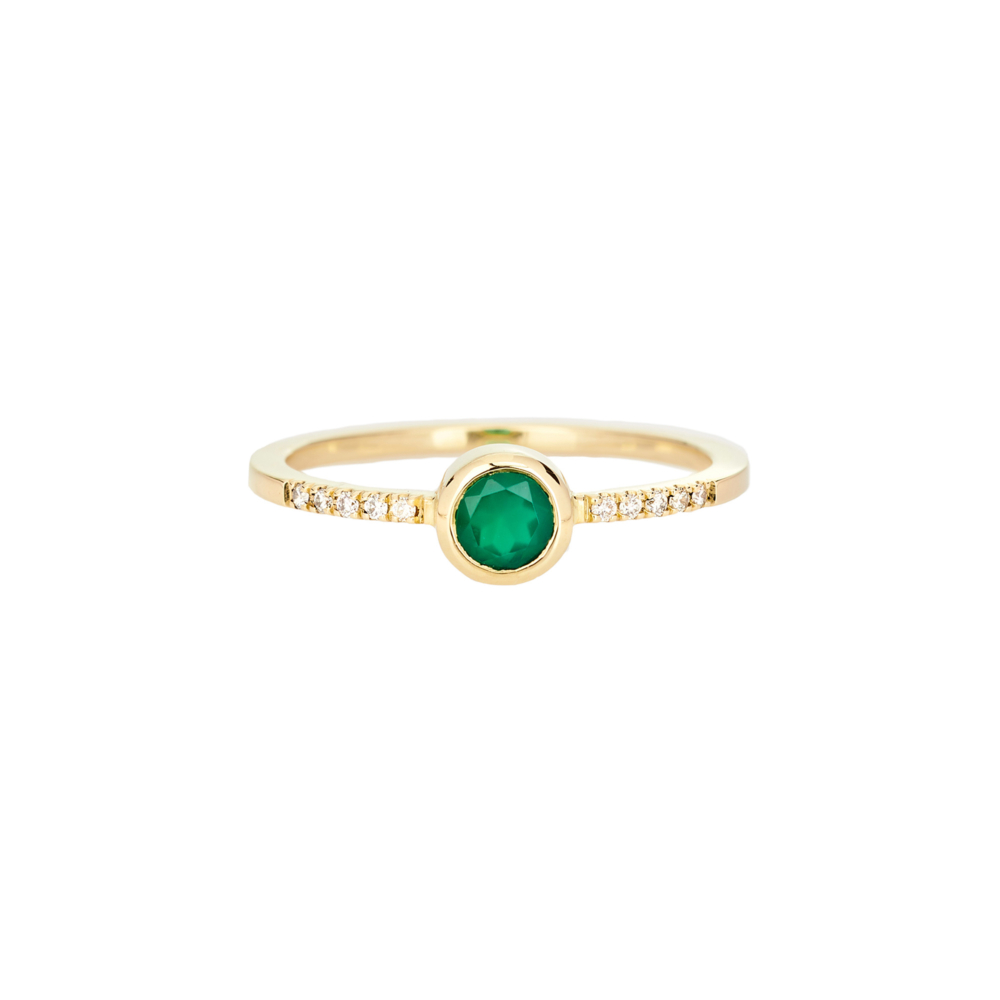 A round green agate and white diamond yellow gold ring.