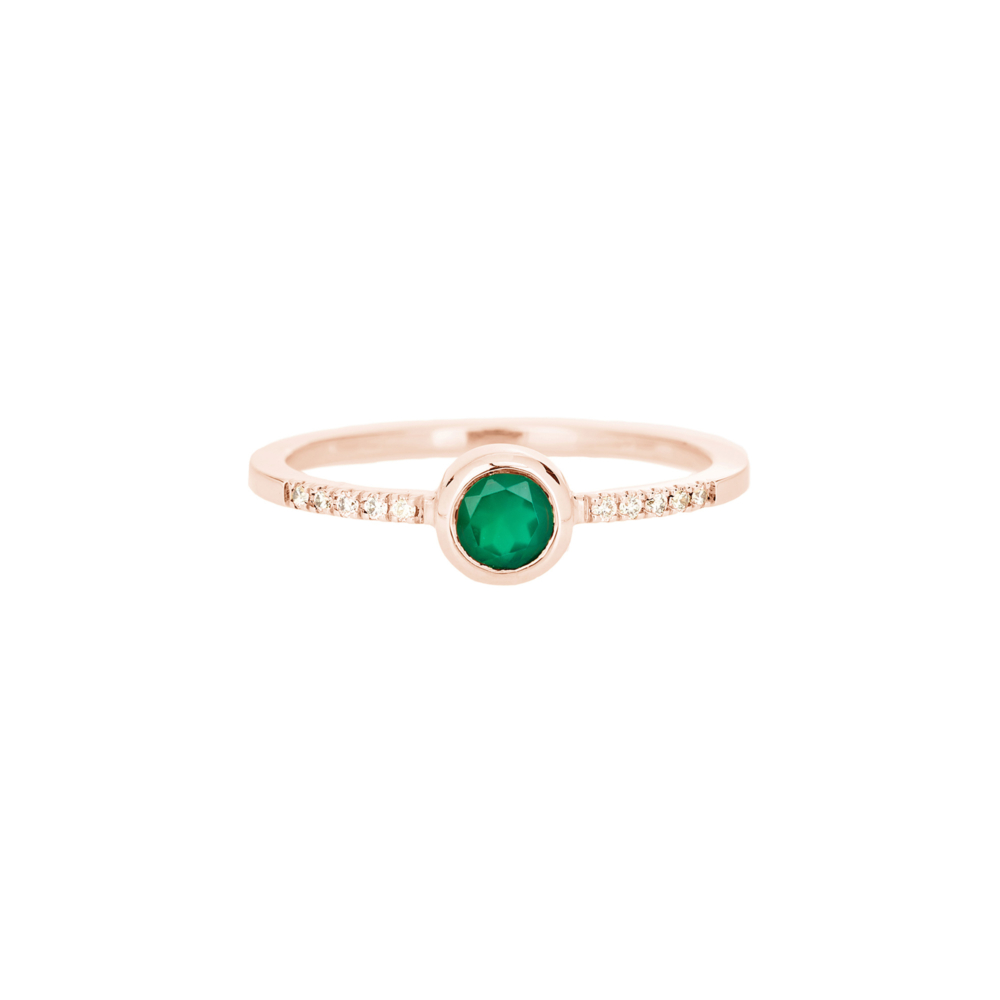 A round green agate and white diamond rose gold ring.