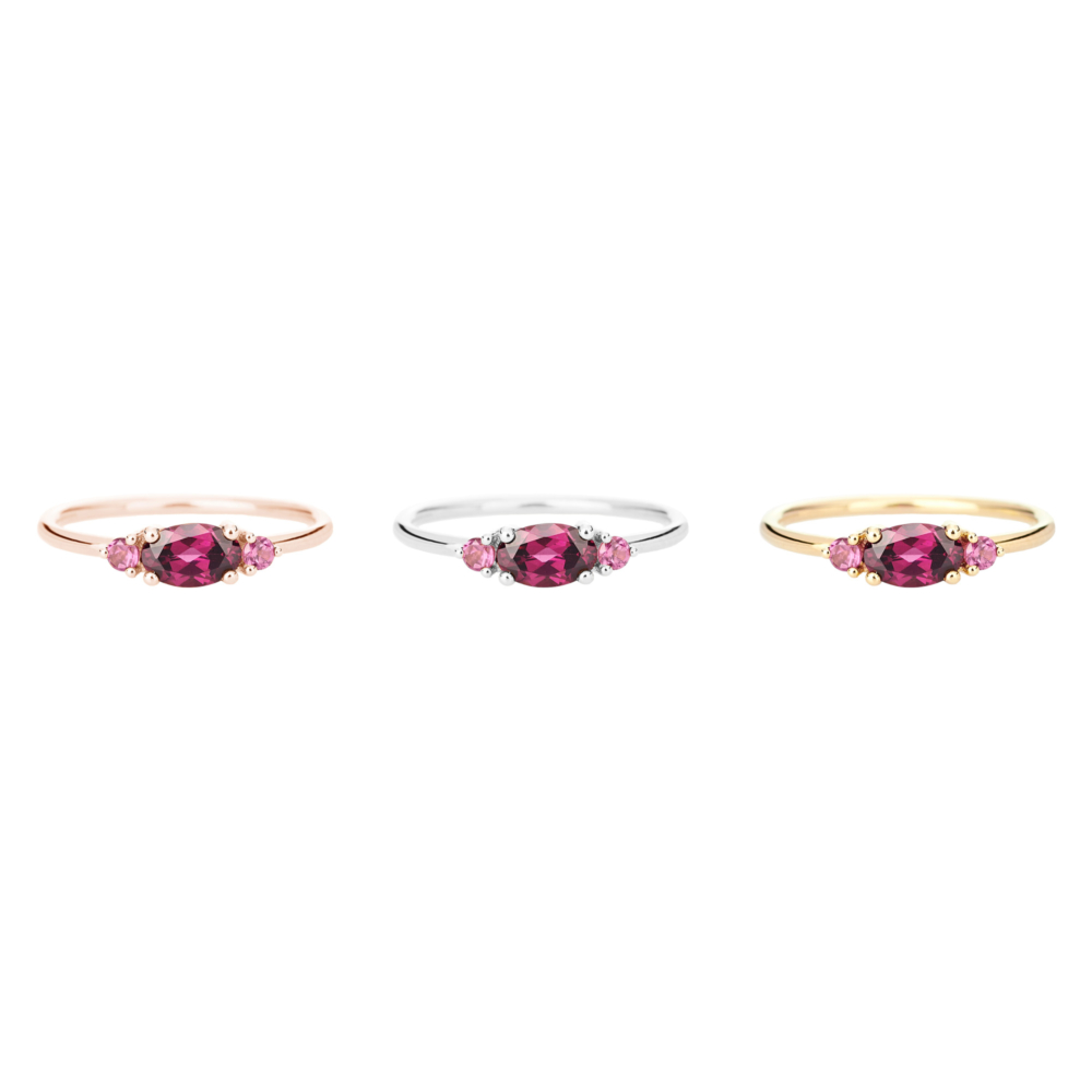 all three options of the three rhodolite garnet ring in solid gold