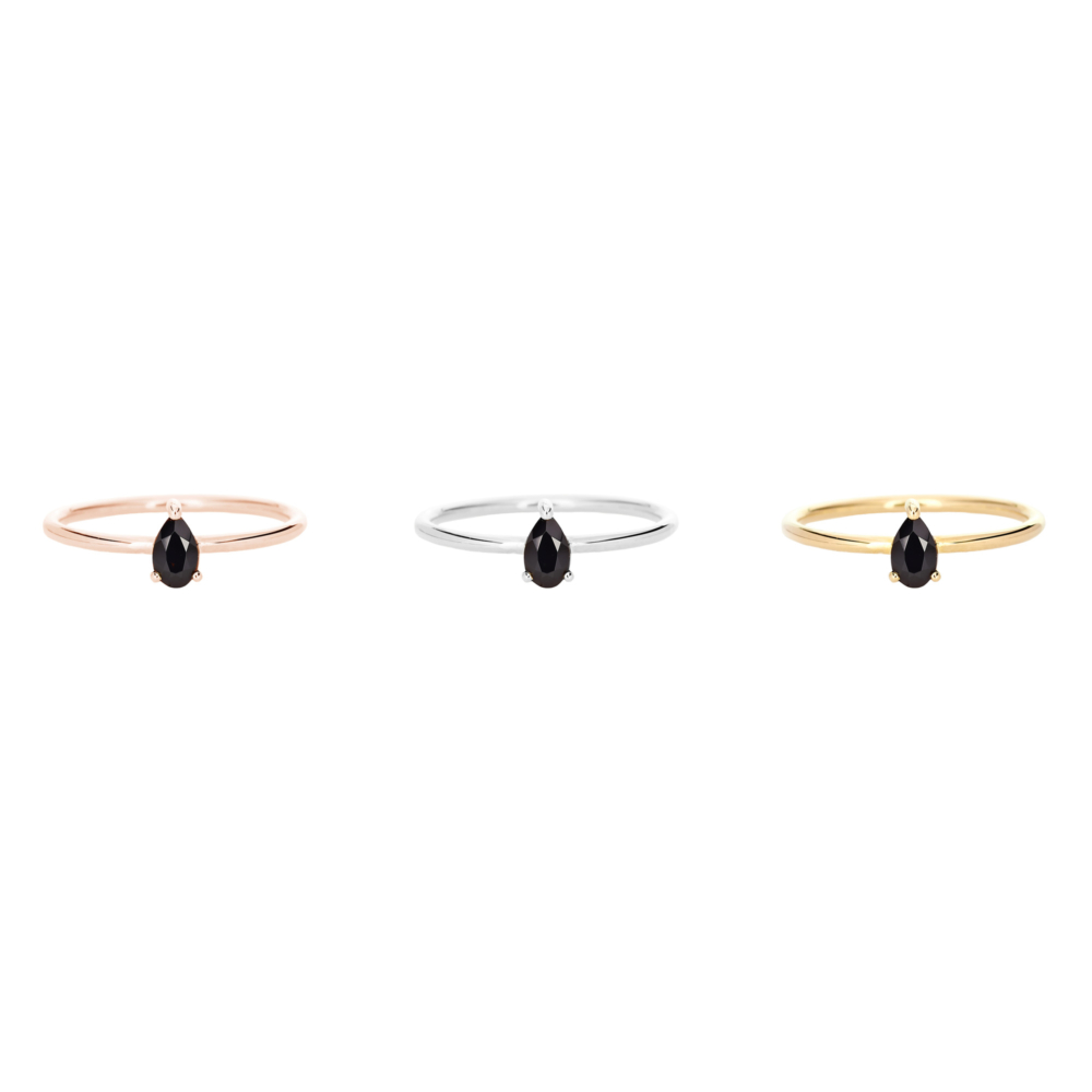 all three options of the solitaire ring with a black spinel in solid gold