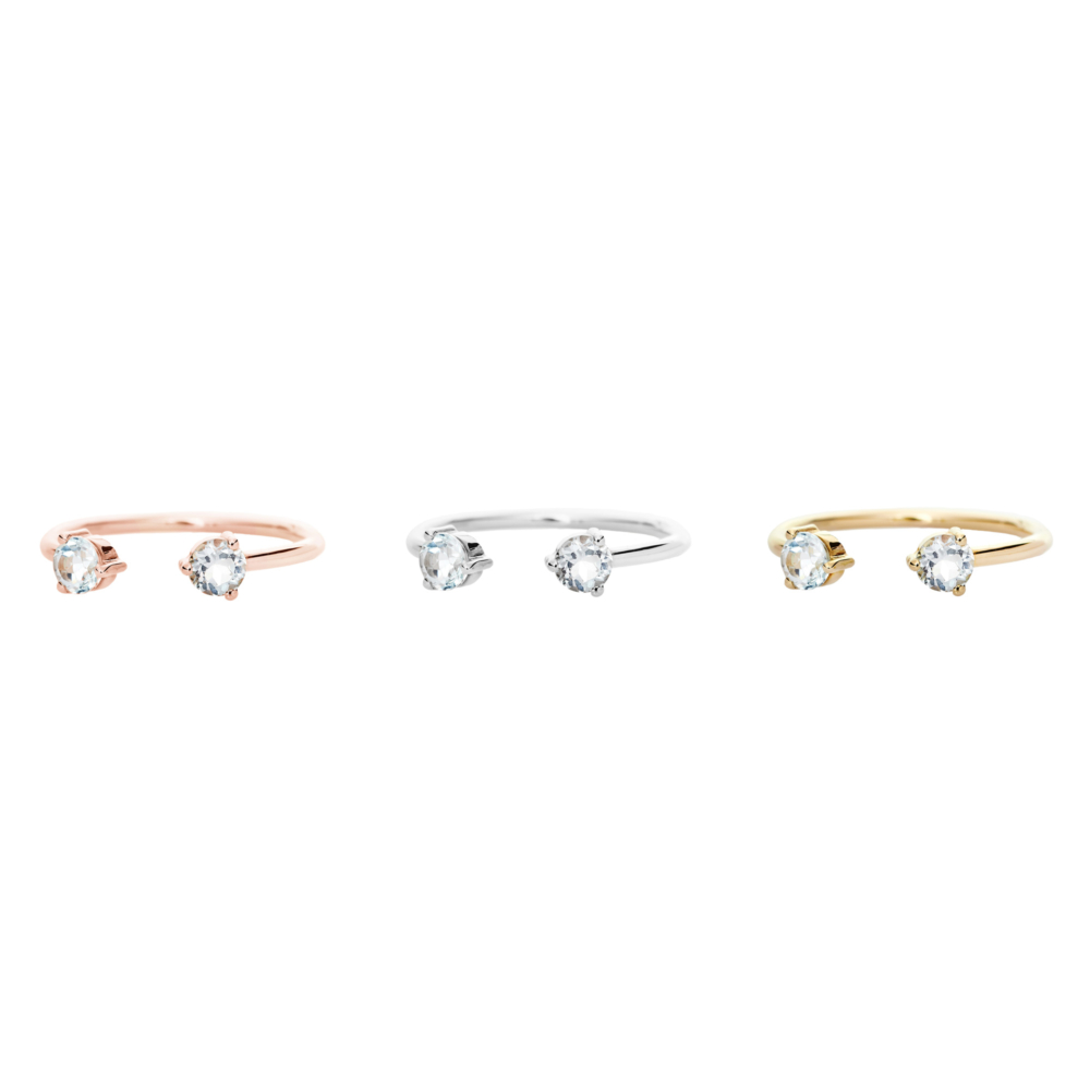 All three options of the open band ring with a sky blue topaz ring in solid gold