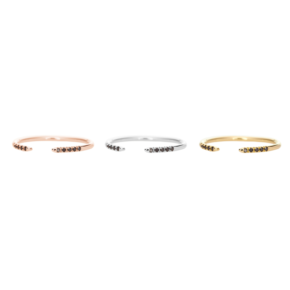 all three options of the round open band ring with black diamonds in solid gold