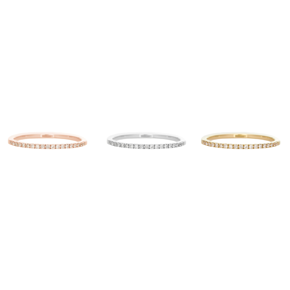 all three options of the half eternity band ring with white diamonds in solid gold