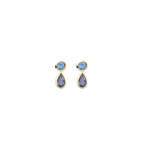 Velvet Blue Sapphire and Iolite Earrings in yellow Gold on a white background