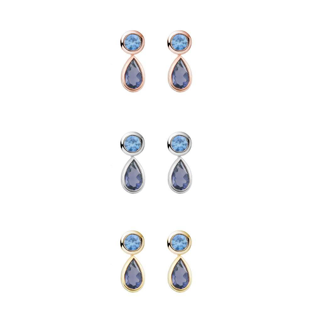 all three options of the Velvet Blue Sapphire and Iolite Earrings in Solid Gold