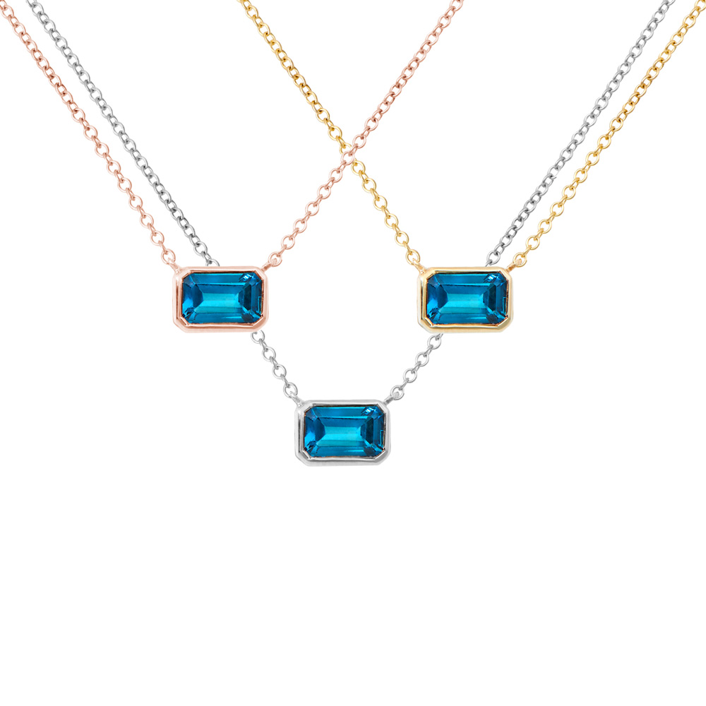 All three options of the London Blue Topaz Solitaire Pendant in Solid Gold