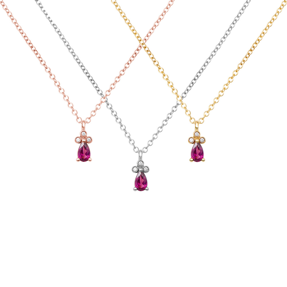 All three options of the Pear Shaped Rhodolite Pendant with Diamonds in Gold