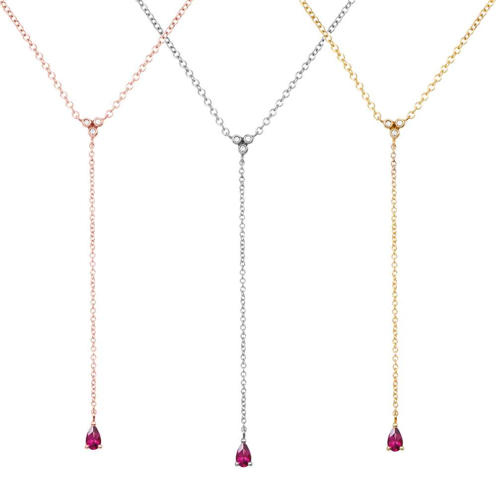 All three options of the Rhodolite Y Necklace with White Diamonds in Solid Gold