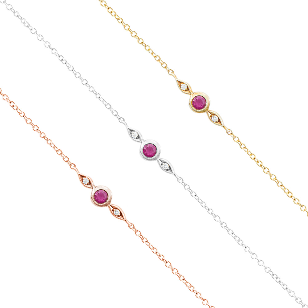 all three options of the Ruby and Diamonds gold Bracelet on a white background