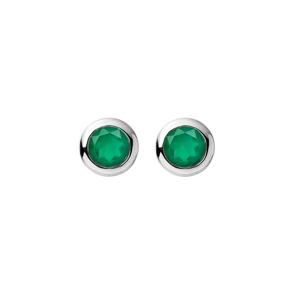 Tiny Green Agate Stud Earrings in white Solid Gold on a white background