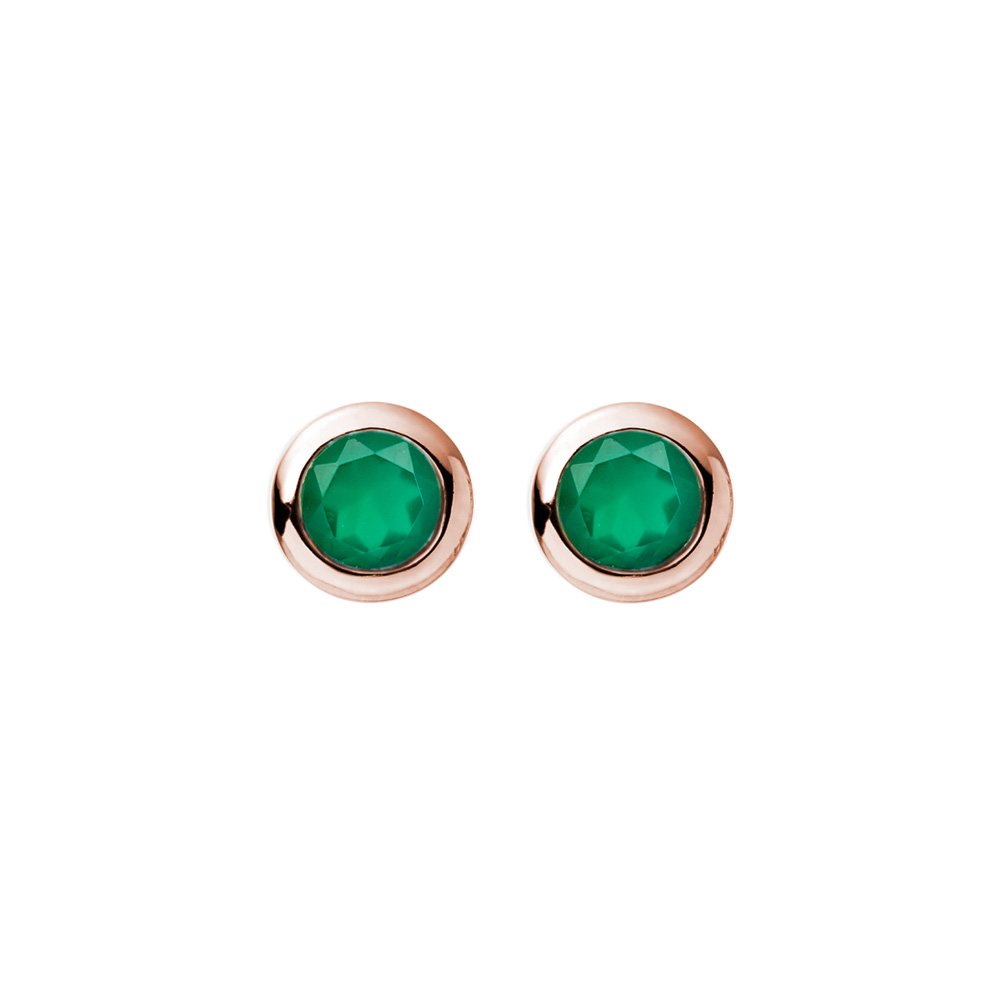 Tiny Green Agate Stud Earrings in rose Solid Gold on a white background
